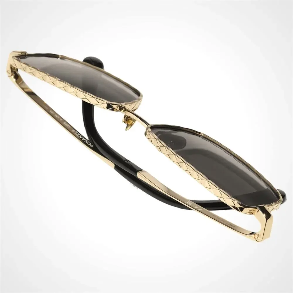 New CHANEL Sunglasses Gold 58mm Metal Rectangular Quilted Grey Gradient Lens - Picture 3 of 5